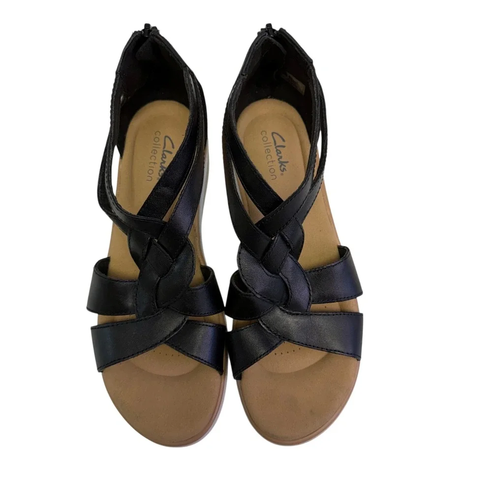Clarks Collection Black Leather‎ Braided Strappy Wedge Sandals Womens 8 Boho